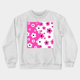 60's Retro Pop Small Flowers in Hot Pink and White, Black Crewneck Sweatshirt